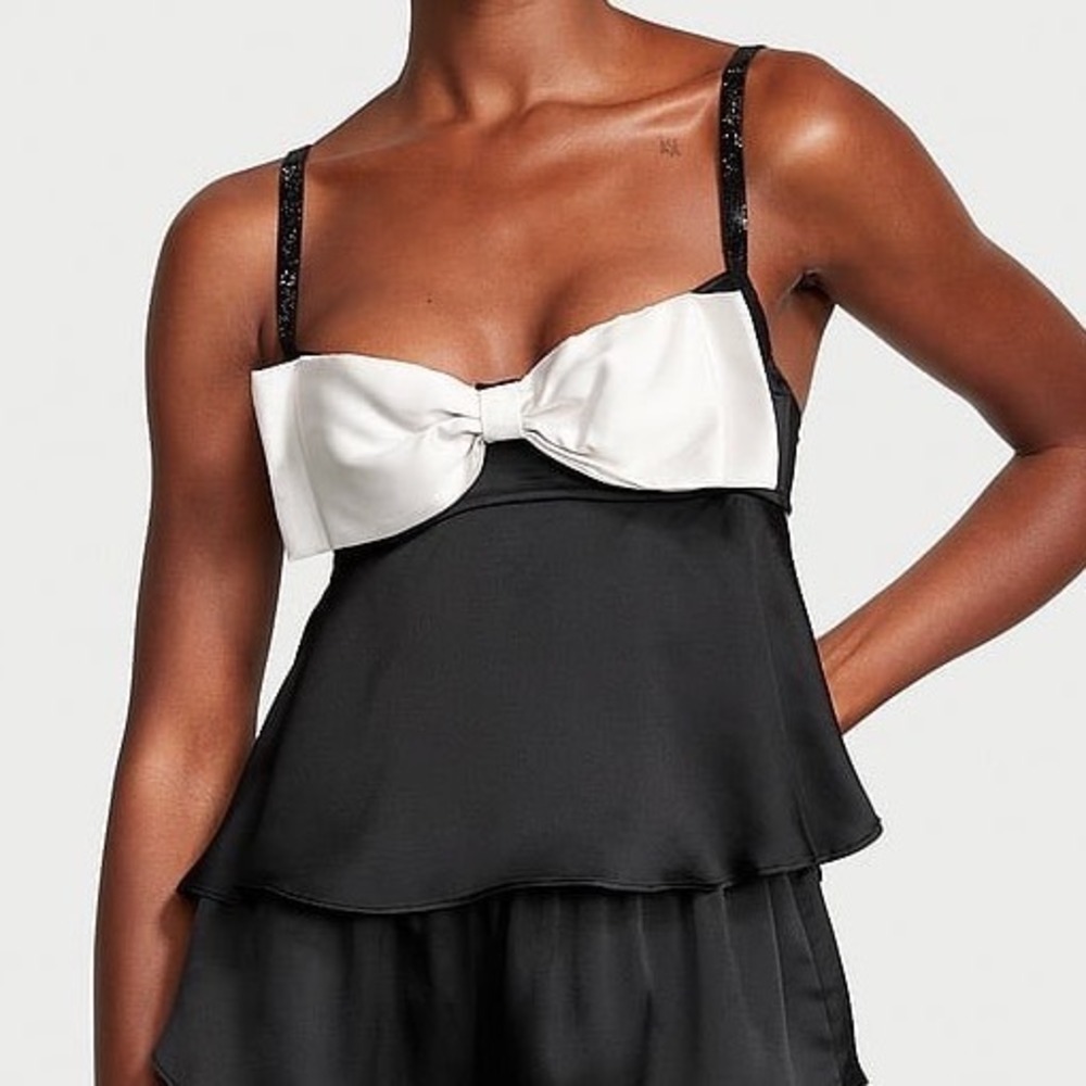 Victoria's Secret Women Black White Bow Rhinestone Glam Satin Babydoll Top XL
